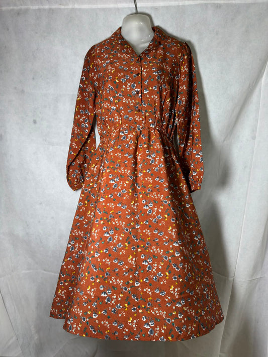 Preloved Rust Orange Floral Elastic Waist Long Sleeve Midi Dress