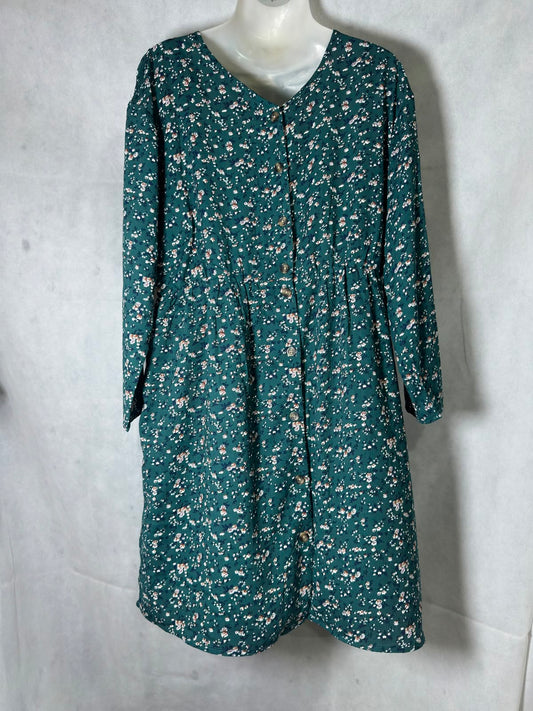 Preloved Dark Green Floral Elastic Waist Long Sleeve Midi Dress