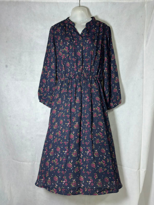 Preloved Navy Floral Printed Elastic Waist Long Sleeve Midi Dress