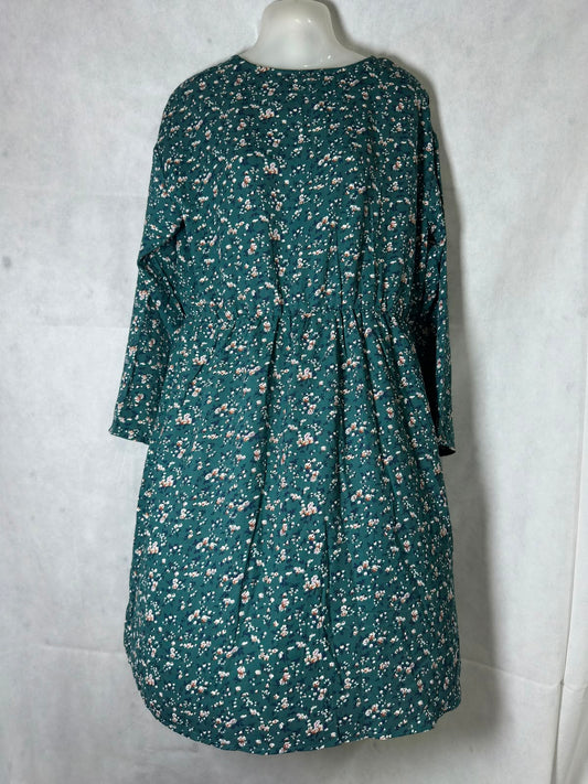 Preloved Dark Green Floral Elastic Waist Long Sleeve Midi Dress