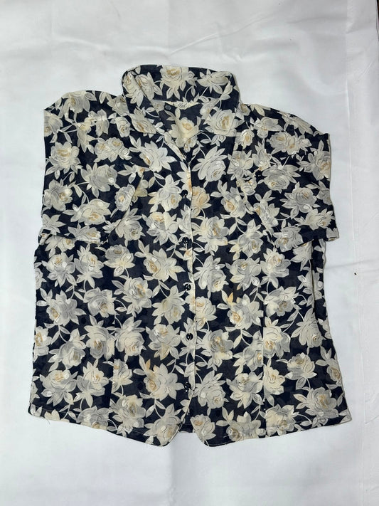 Preloved Vintage Monochrome Rose Floral Chiffon Short Sleeve Shirt