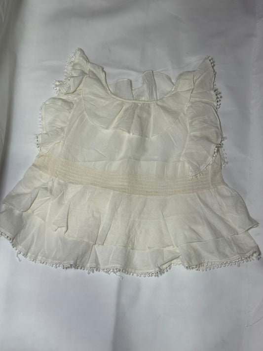 Preloved Off-White Boho Ruffle & Pom-Pom Trim Sleeveless Peplum Top