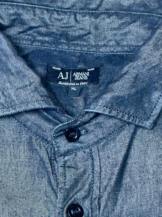 Preloved Armani Jeans Men's Grey Lightweight Denim Button-Down Shirt