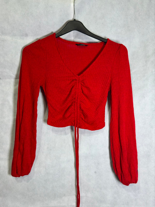 Preloved Shein Red Ruched Drawstring Front Long Sleeve Crop Top