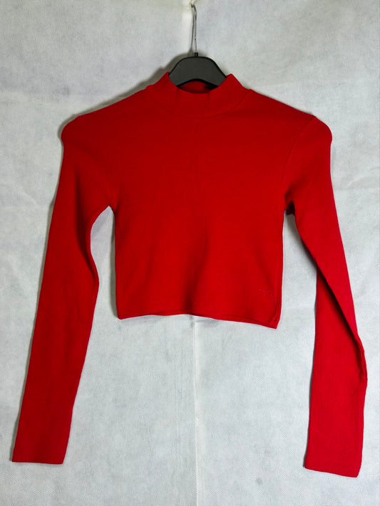 Preloved DMR Bright Red Mock Neck Fine Ribbed Long Sleeve Crop Top
