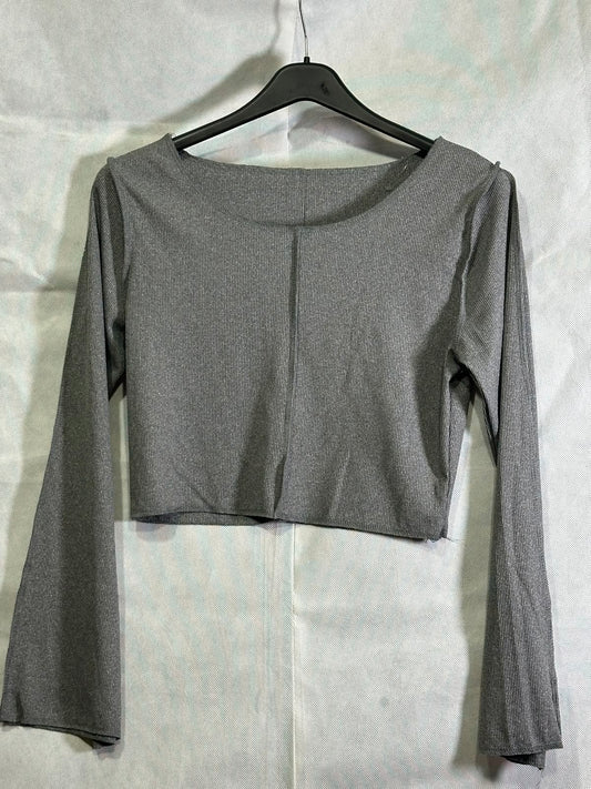 Preloved Grey Fine Ribbed Scoop Neck Flared Long Sleeve Crop Top