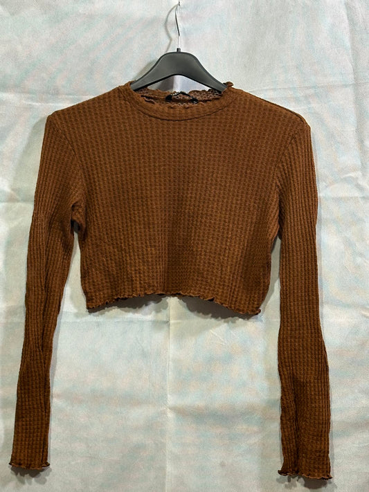 Preloved Shein Brown Waffle Knit Lettuce Trim Cropped Long Sleeve Top