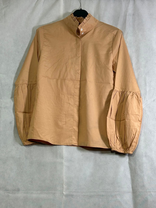 Preloved Tan Beige High Ruffle Collar Bishop Sleeve Cotton Blouse