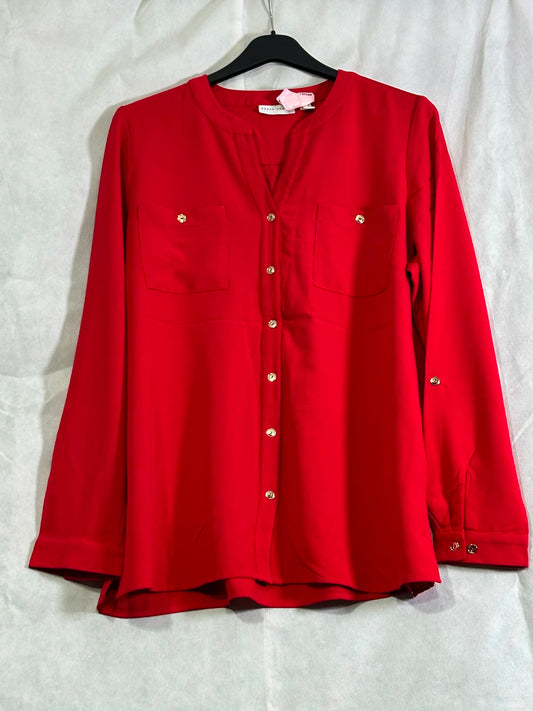 Preloved Susan Graver Crimson Red Gold-Button Roll-Tab Utility Blouse