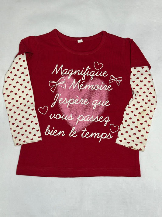 Preloved Maroon French Cursive Graphic Heart Layered-Sleeve Top