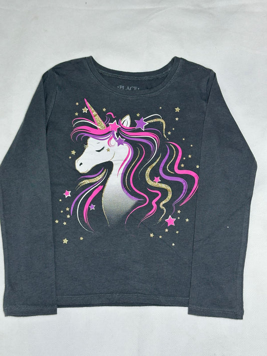 Preloved The Children's Place Dark Grey Glitter Unicorn & Stars Long Sleeve Top