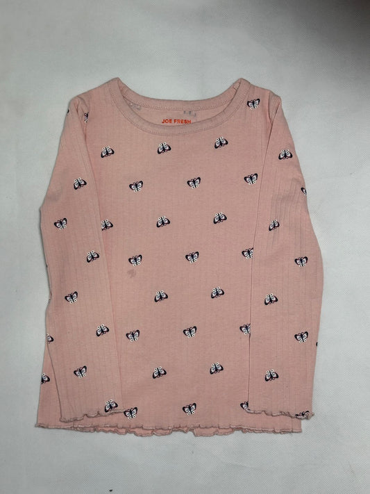 Preloved Joe Fresh Blush Pink Ribbed Butterfly Printed Lettuce Hem Top