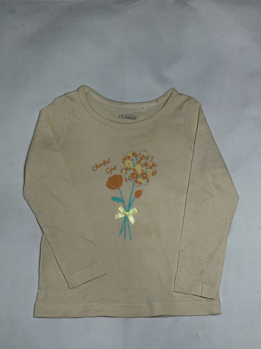 Preloved Beige "Cheerful Girl" Floral Graphic Ribbon Long Sleeve Top