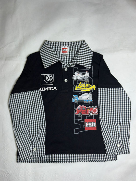 Preloved Tomica Takara Tomy Gingham Check Layered Vehicle Graphic Polo Shirt