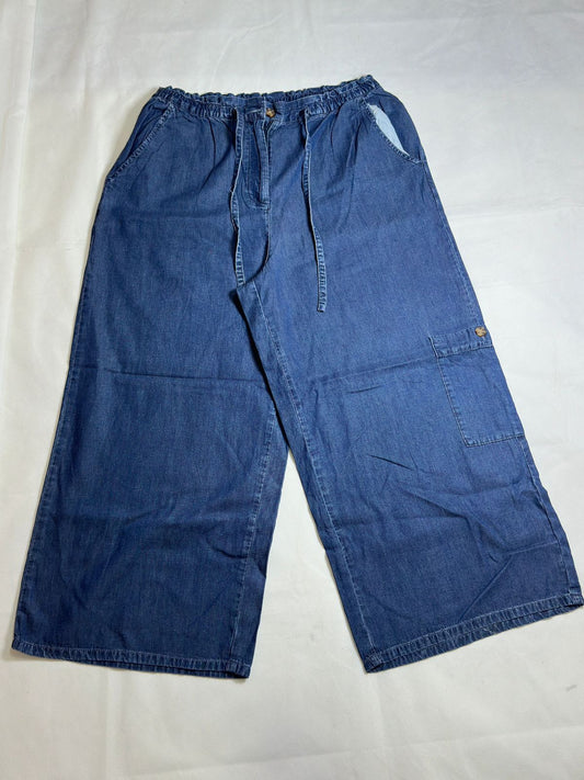 Preloved  Elastic-Waist Drawstring Chambray Wide-Leg Culottes