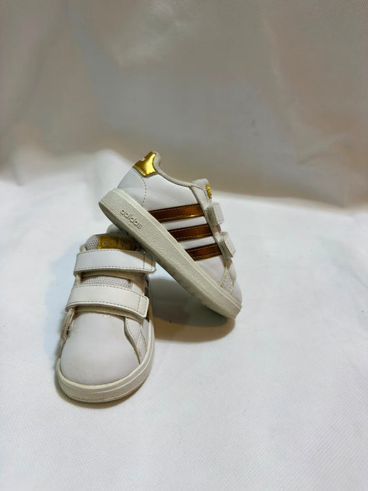 Preloved adidas Grand Court Kids White & Metallic Gold Dual Strap Sneakers