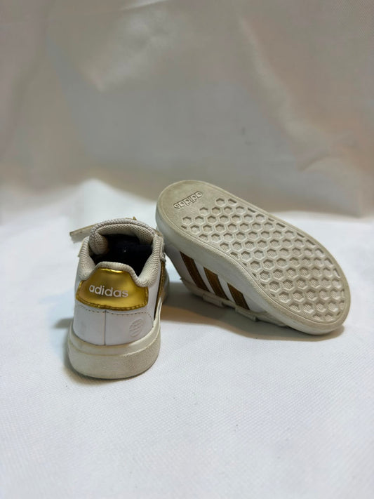 Preloved adidas Grand Court Kids White & Metallic Gold Dual Strap Sneakers