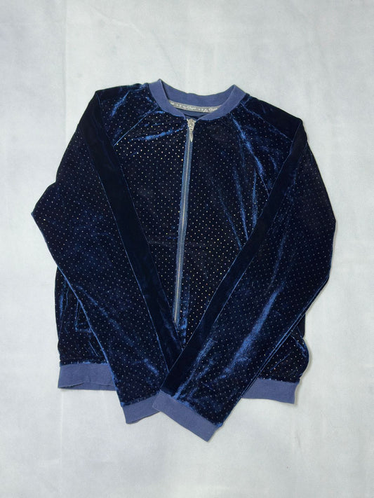 Preloved Midnight Navy Velvet Sparkle Rhinestone Full-Zip Bomber Jacket
