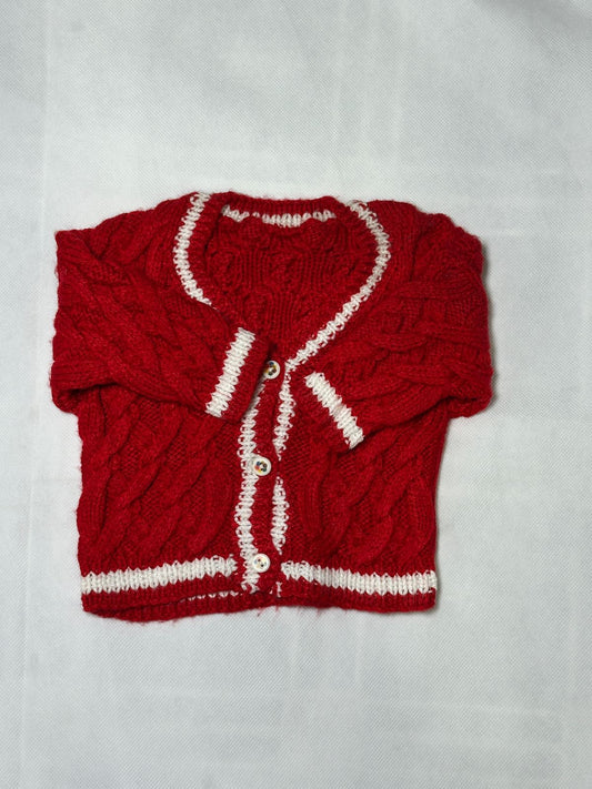 Preloved Vibrant Red Cable-Knit White Trimmed Button-Front Cardigan