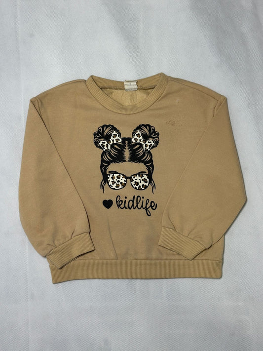 Preloved Beige Tan Leopard Bun Girl "kidlife" Graphic Sweatshirt