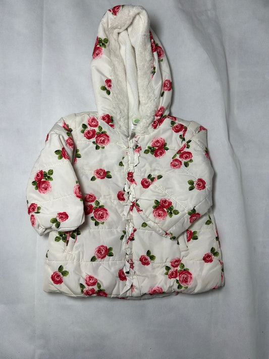 Preloved Off-White Red Rose Floral Print Sherpa-Lined Ruffle Puffer Coat