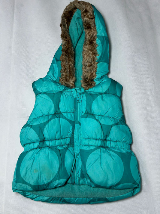 Preloved Teal Blue Polka Dot Faux Fur Hooded Fleece-Lined Puffer Vest