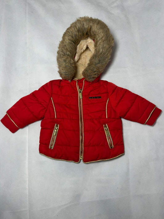 Preloved McKenzie Vibrant Red Gold Trim Faux Fur Hooded Puffer Coat