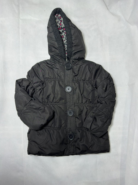 Preloved Black Button-Front Leopard Fleece Hooded Puffer Coat