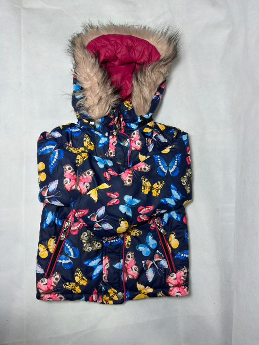 Preloved Vibrant Butterfly Print Faux Fur Hooded Puffer Winter Coat