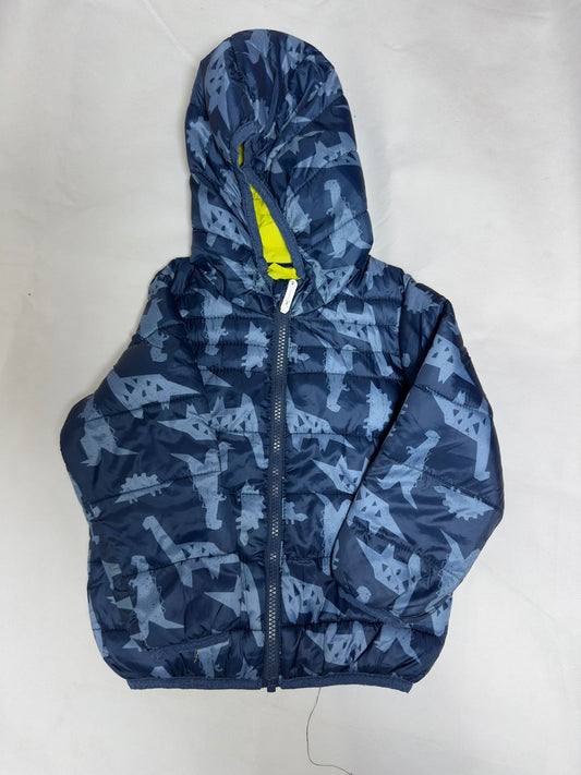 Preloved Kids Navy Blue Geometric Dinosaur Print Hooded Puffer Jacket