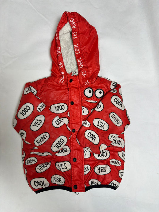 Preloved Baby Red Graphic Speech Bubble Sherpa-Lined Hooded Puffer Jacket