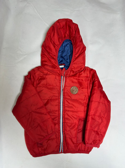 Preloved Kids Vibrant Red Hooded Puffer Jacket with Leatherette Patch