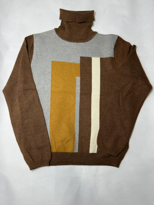 Preloved Boy's Brown & Grey Abstract Geometric Colorblock Turtleneck Sweater