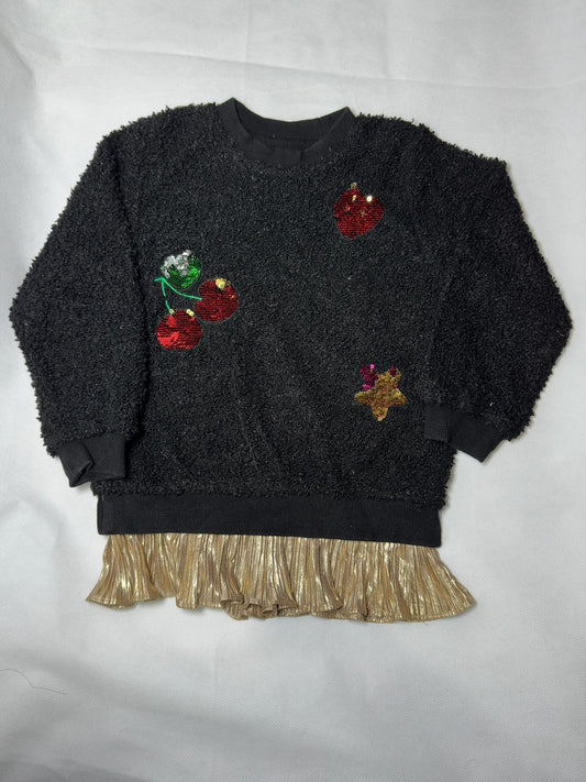 Preloved Kids Girls Black Sherpa Sequin Fruit Applique Hem Sweatshirt Dress