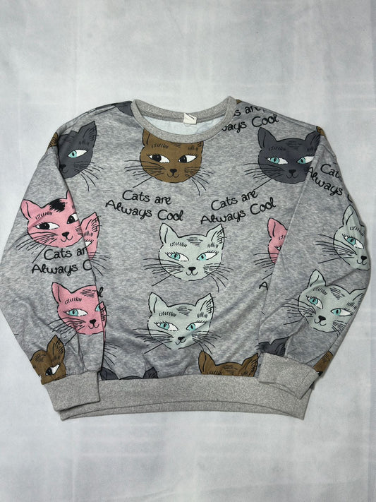 Preloved Kids Girls Grey All-Over Cat Print Crewneck Sweatshirt